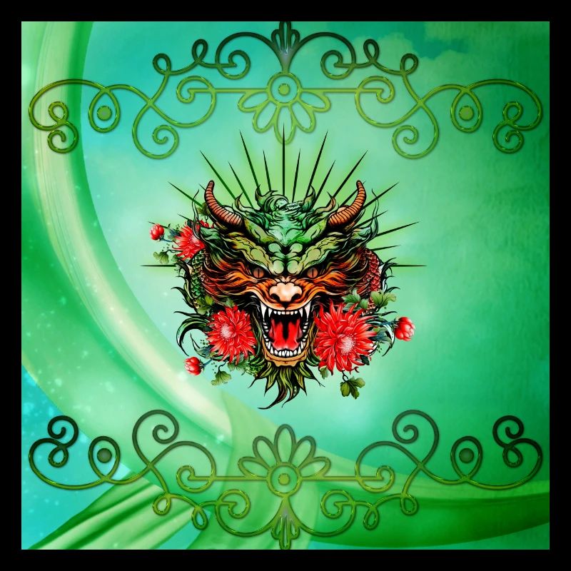 Merveilleuse tête de dragon colorée avec des fleurs.