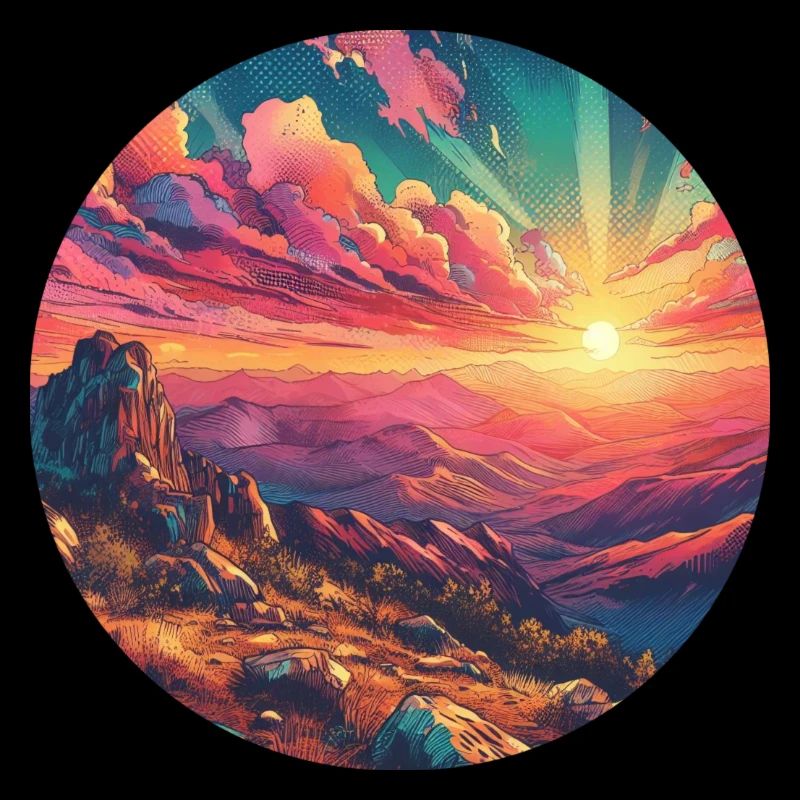 Landschaft farbenfroh Sonnenuntergang Berge Comic