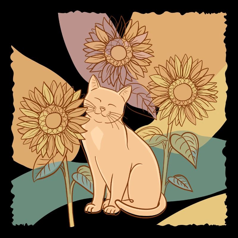 Sonnenblume Katze - Florale Strichzeichnungen