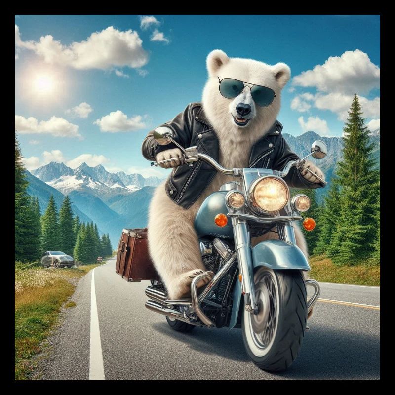 Bear on a motorcycle on an adventure in the mountains