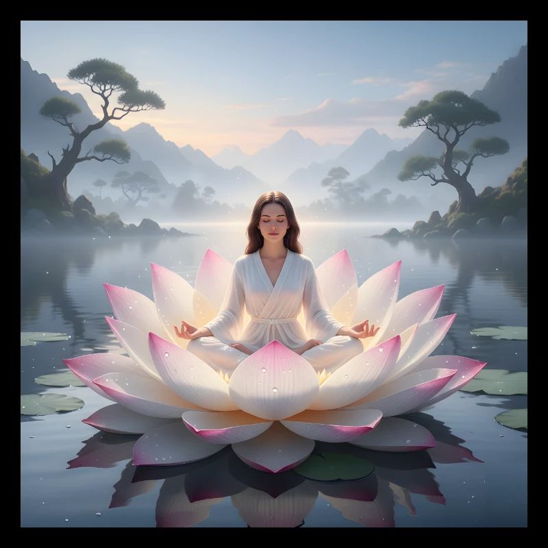 Femme méditant sur une fleur de lotus ouverte