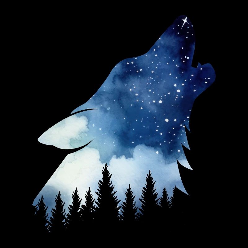 Heulender Wolf – Wasserfarben Sternenhimmel Wald
