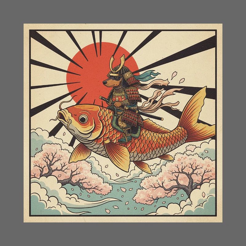 Poisson koi géant chevauché samouraï teckel japonais