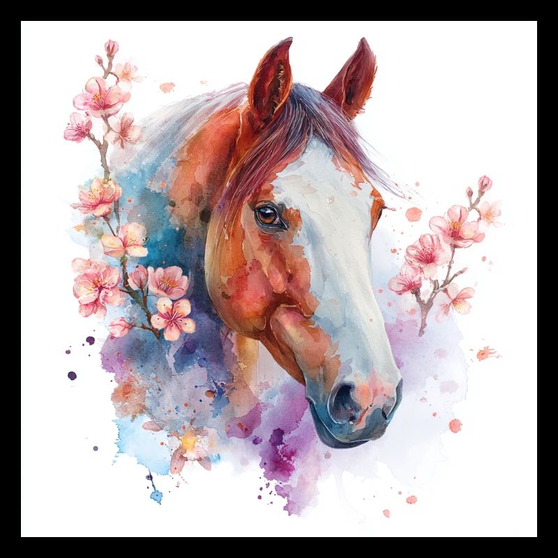 Aquarelle Cheval et Fleurs