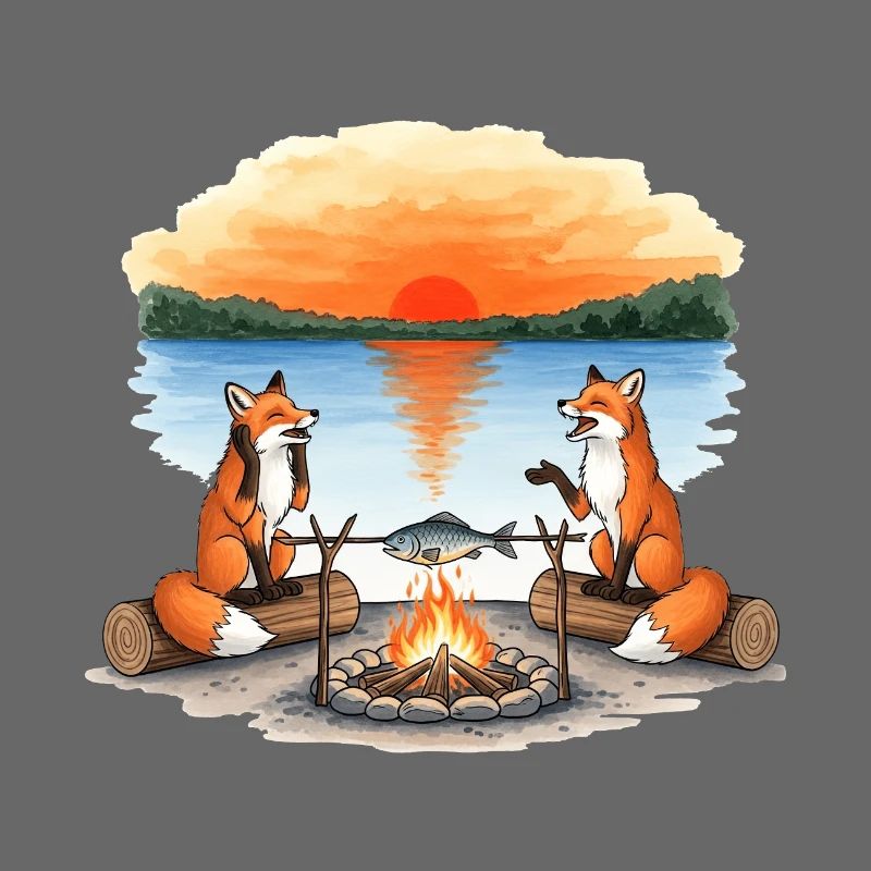 Fox Campfire at Sunset by Lake