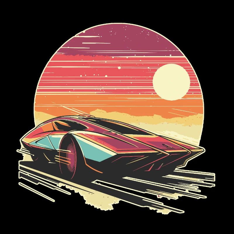 Retro futuristic red car with stylized sunset sky 