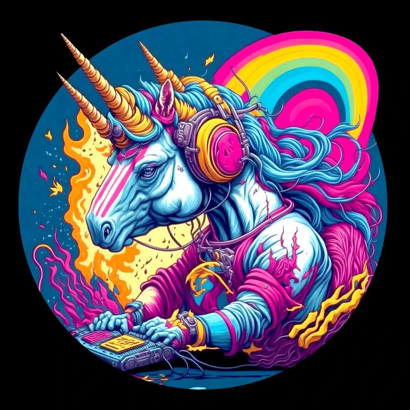 DJ licorne dans un arc-en-ciel néon