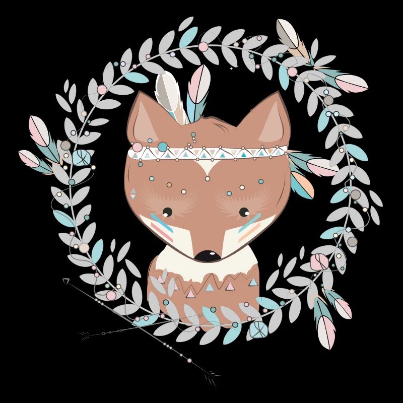 small fox with feather decoration in ethno frame