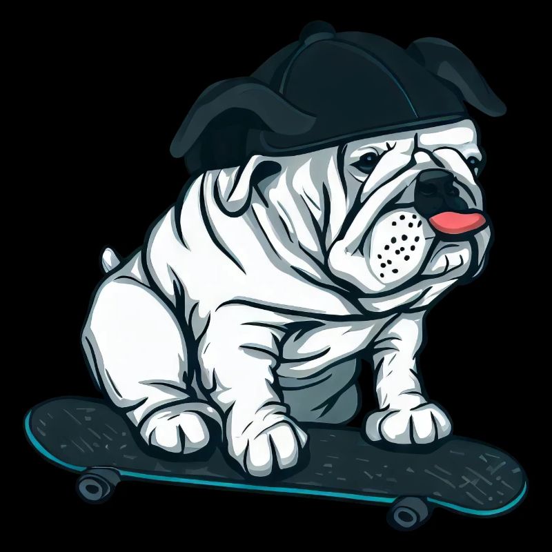 Mops auf Skateboard mit Basecap