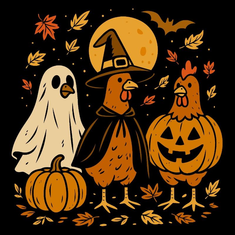 Poulets d'Halloween avec citrouilles et chapeaux