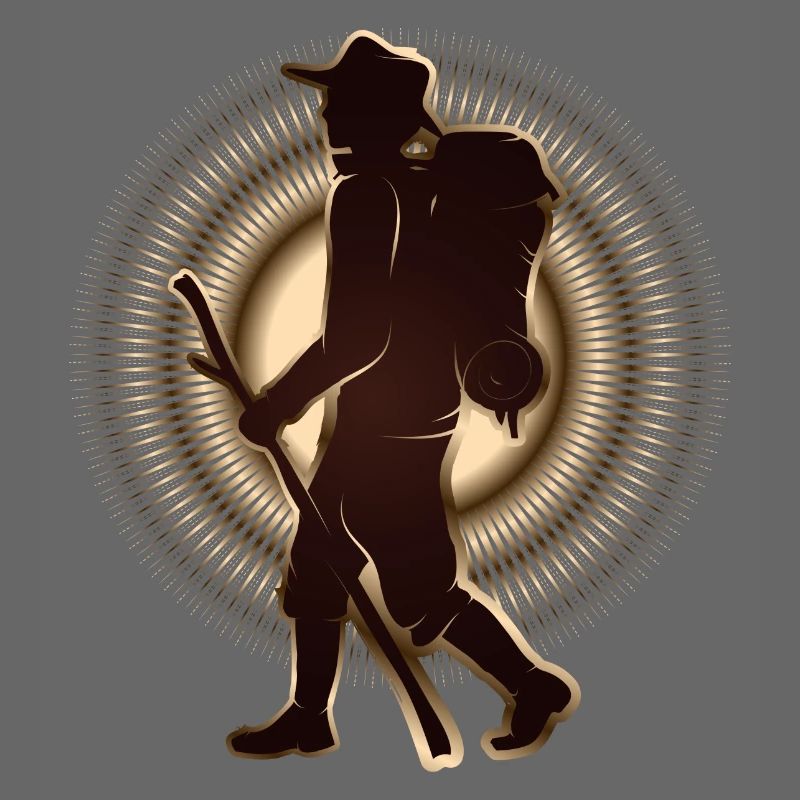 Pilgrim or hiker with walking stick & backpack