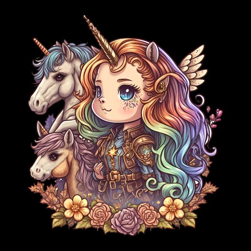 00258 Mädchen mit Regenbogenhaaren und Einhorn