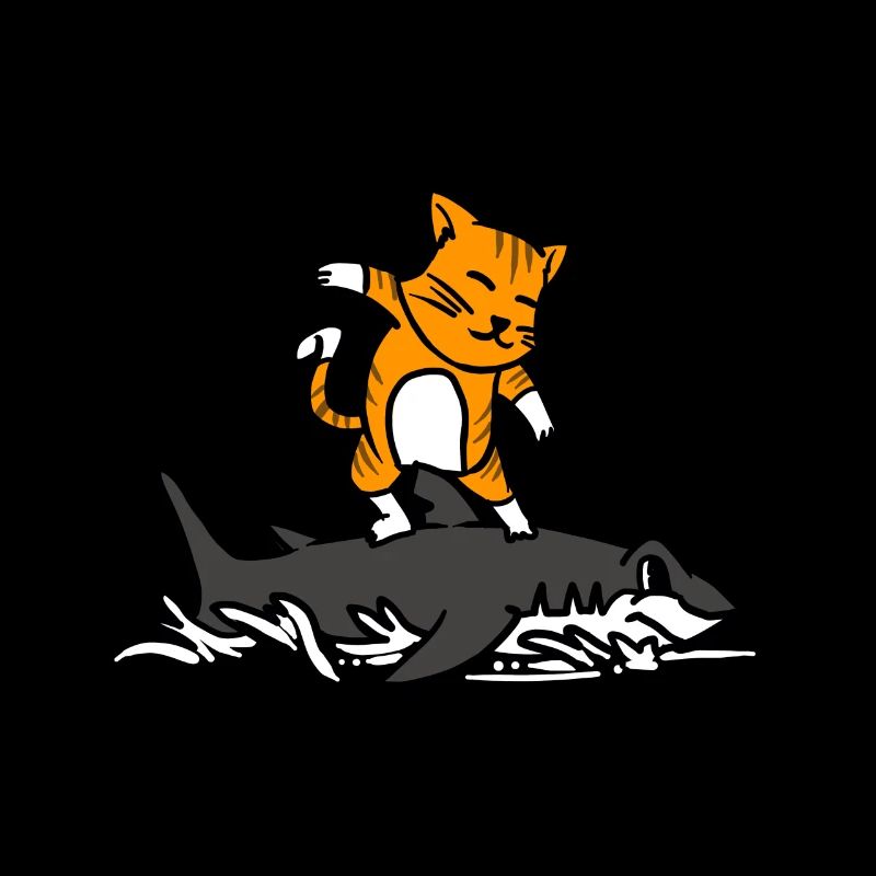 Cat Riding A Shark Funny Cartoon Surfing Graphic