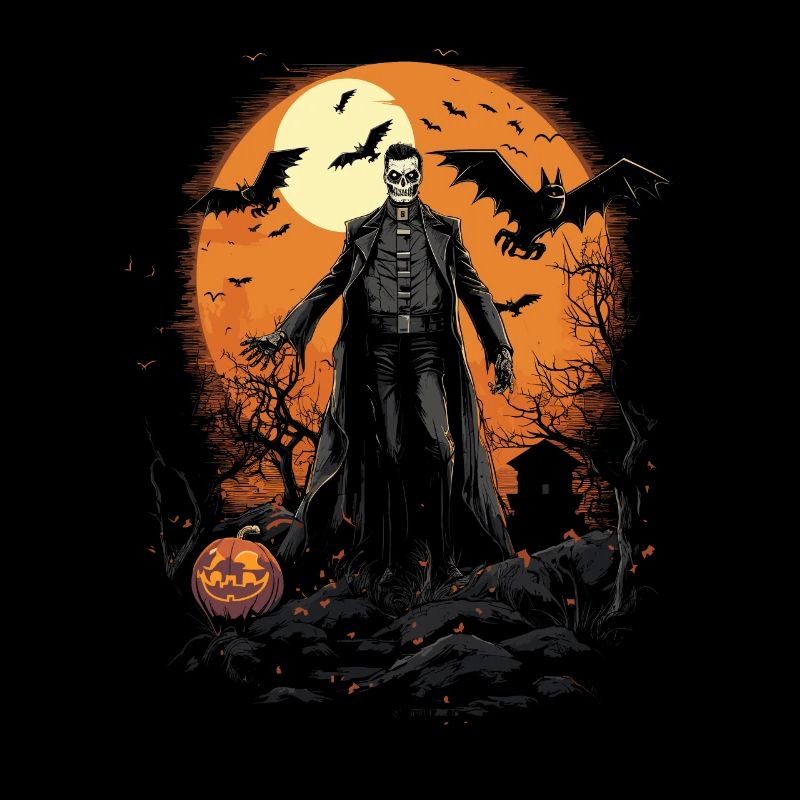 Skeleton Zombie Priest With Bats In Front Of Moon