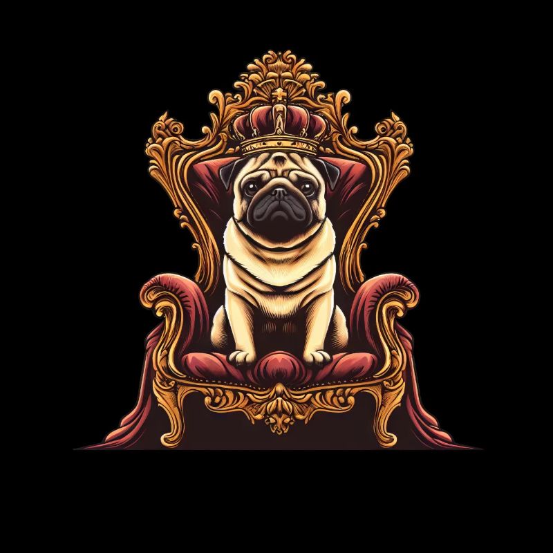 Hund Mops sitzt auf Thron Hund und Herrchen