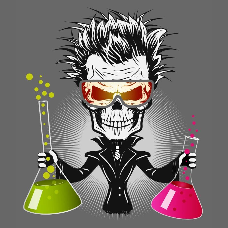 Skull as a gloomy scientist in the laboratory