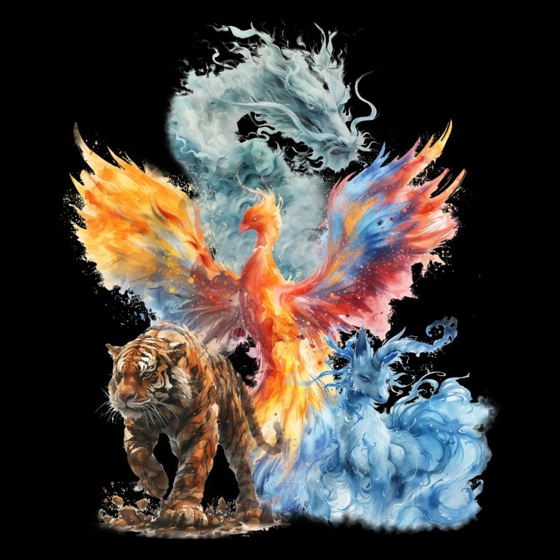 Watercolor Phoenix Tiger Dragon