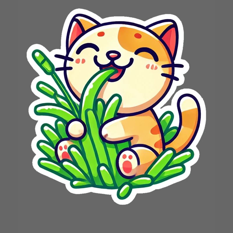 Chat roux mignon mangeant de l’herbe verte