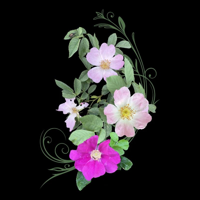Rosehip Blossoms and Vine, Mixed Media Art