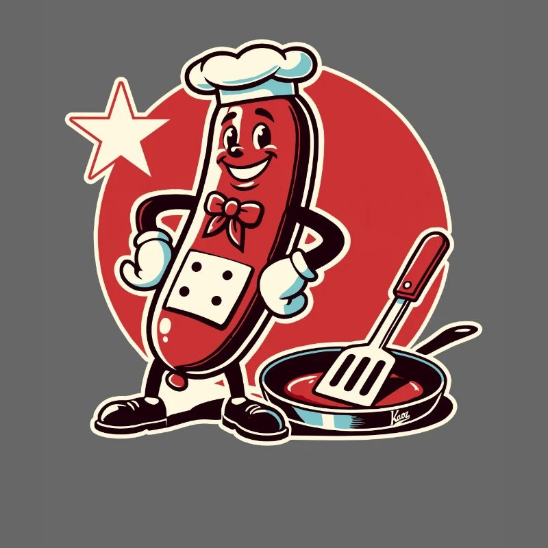 Le chef est une drôle de bratwurst avec une poêle