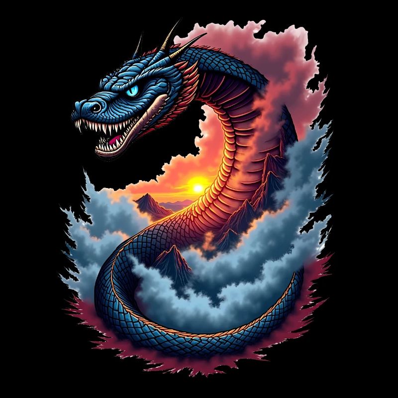 Serpent mythique avec coucher de soleil Année du Serpent 2025