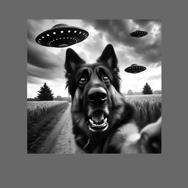 German Shepherd Funny GSP Selfie with UFOs Weird A