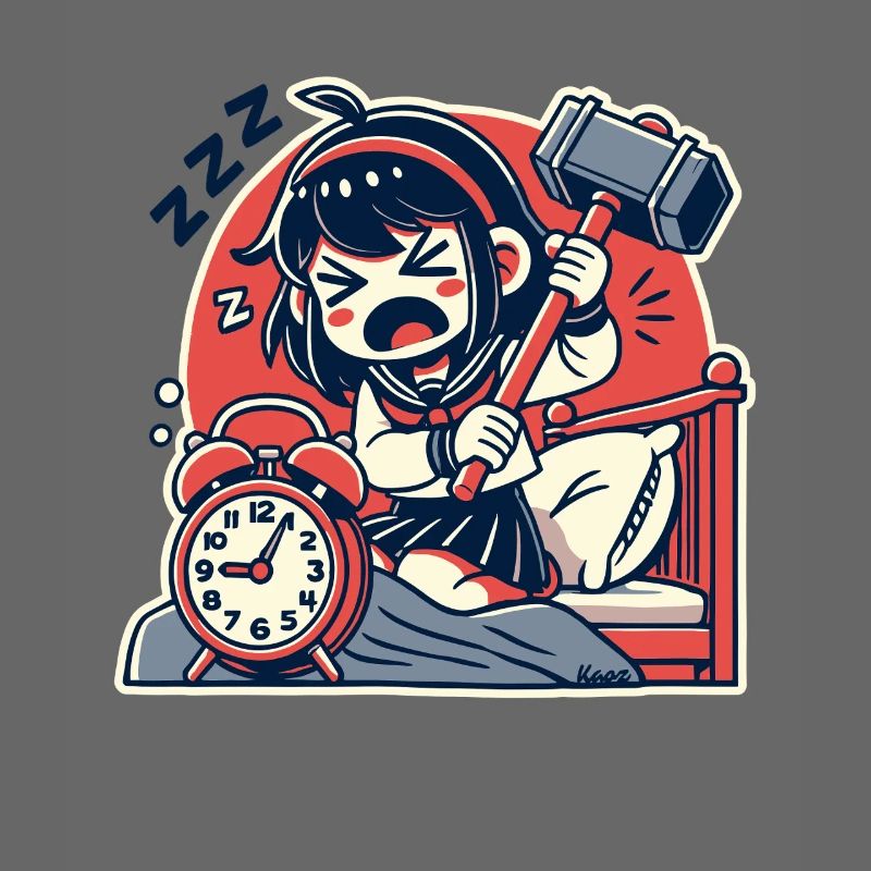 Müdes Mädchen mit Hammer und ein Wecker