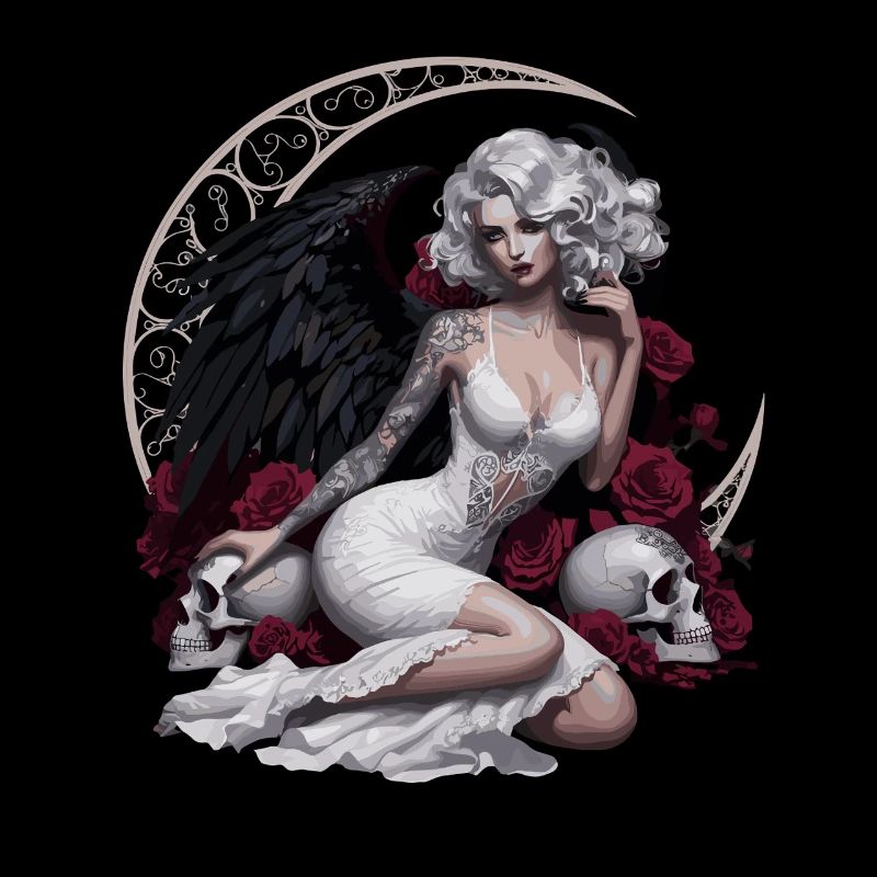 Dark Angel with Roses and Skull