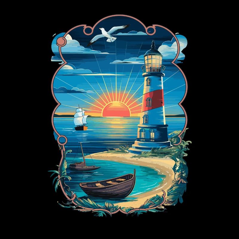 Lighthouse sunset by the sea with sailing ship