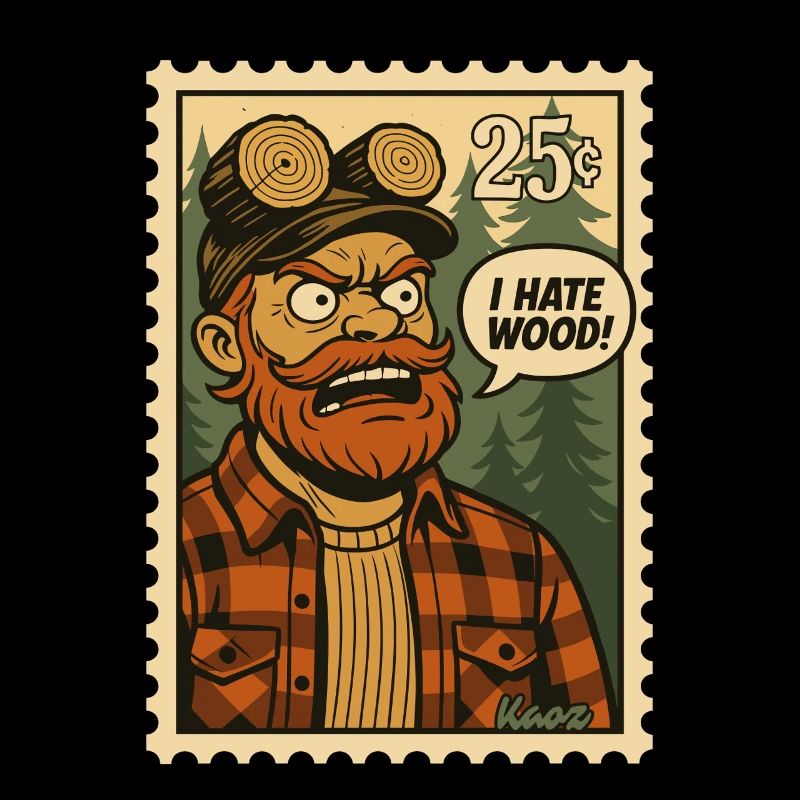 Angry lumberjack with saying: "I hate wood!"
