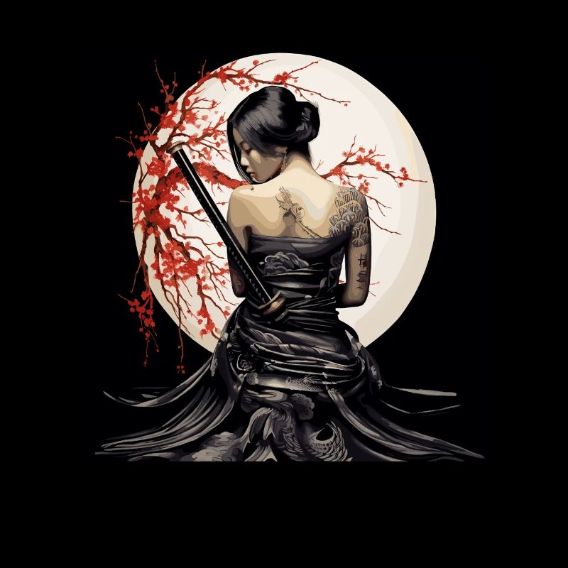 Geisha devant la pleine lune avec décoration de fleurs de cerisier