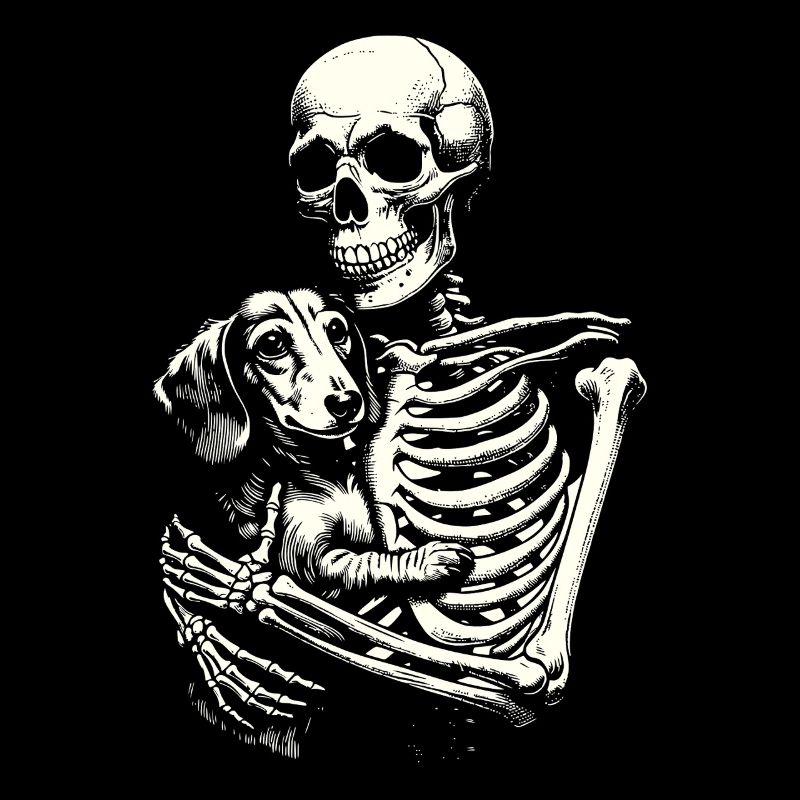 Skeleton hugging dachshund