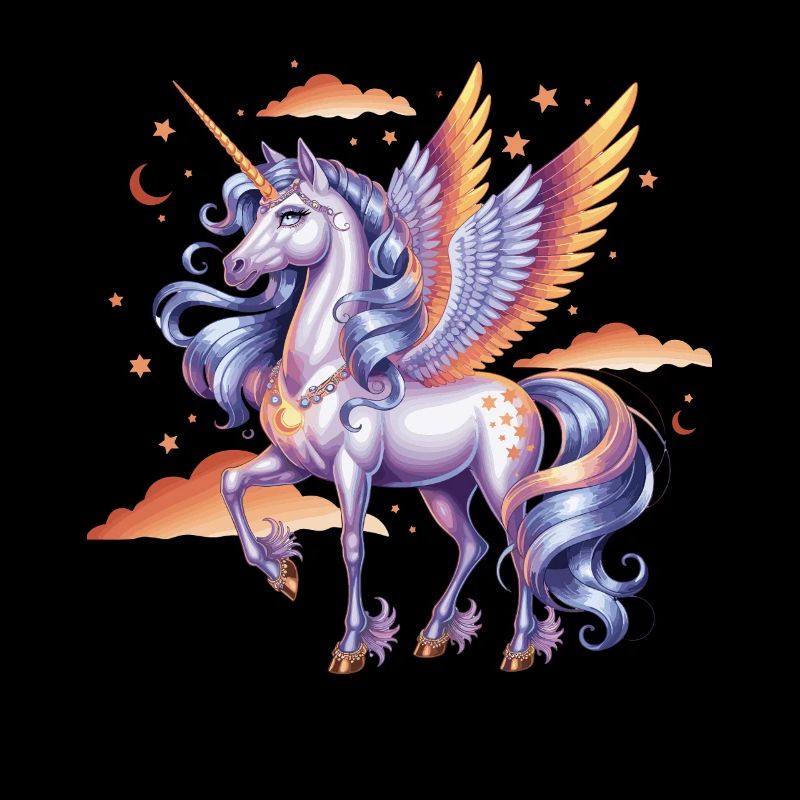 Magical unicorn with wings under starry sky