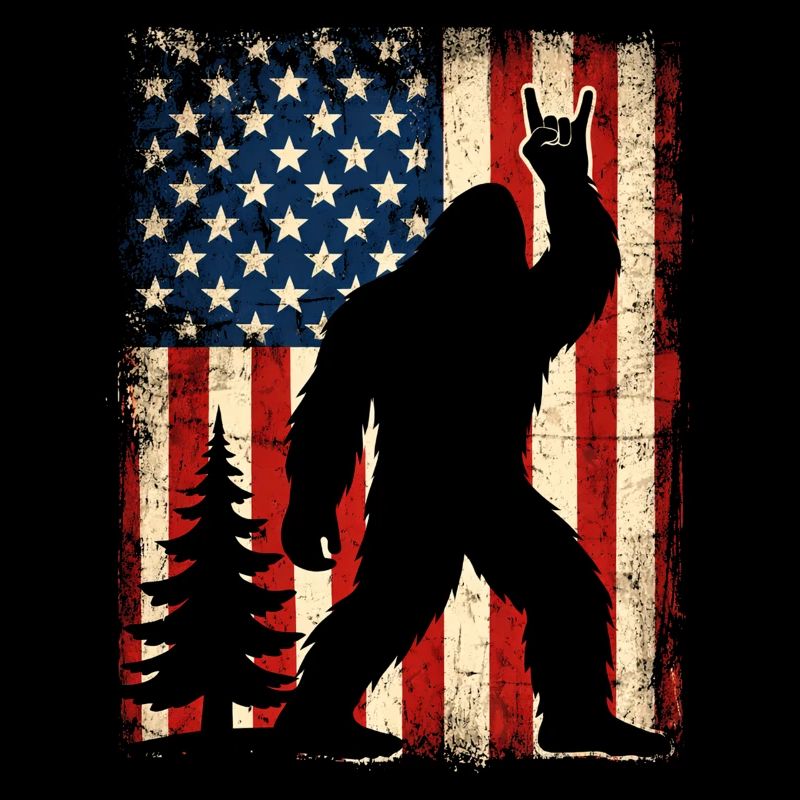 Bigfoot Rock On Shield Sasquatch Yeti USA Flag