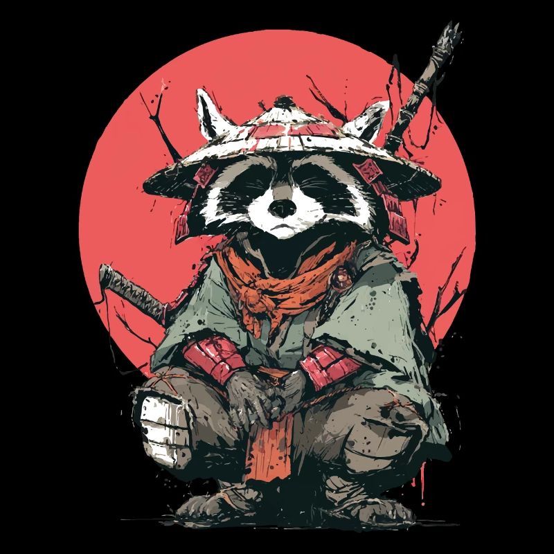 Raccoon Samurai in Red Moon