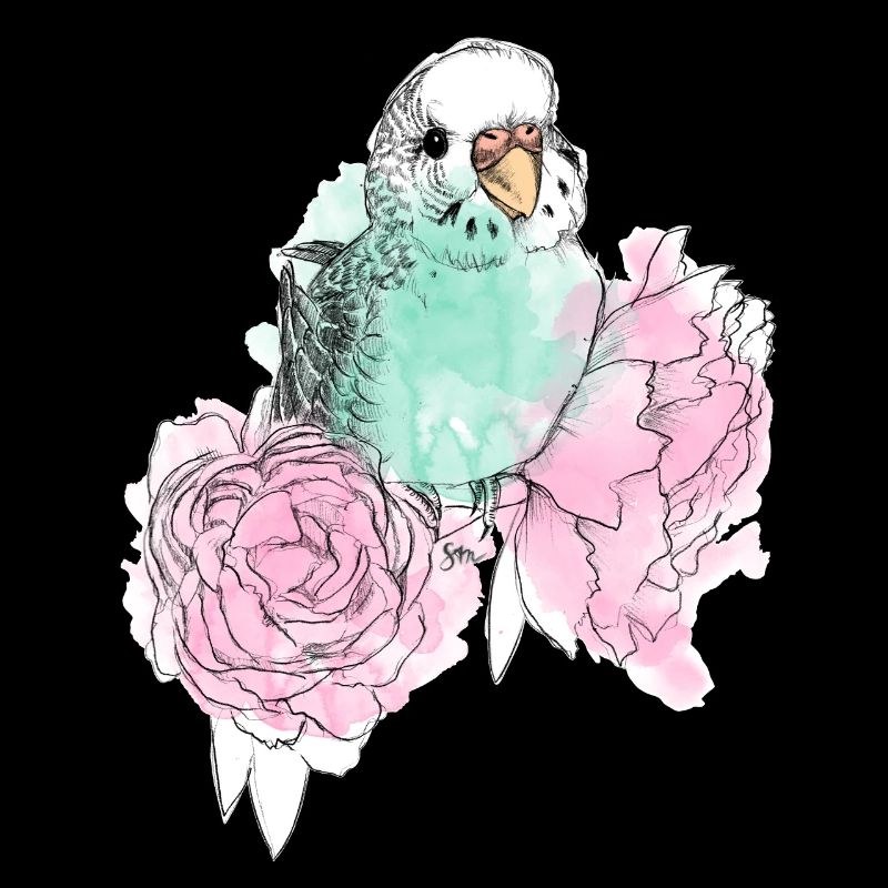 Budgerigars and peonies