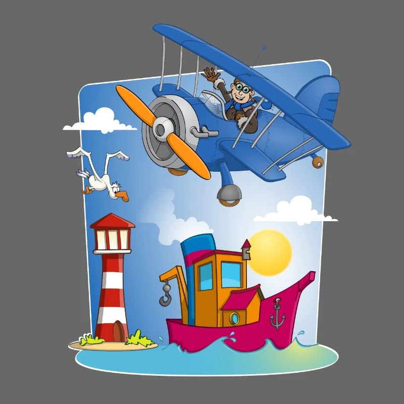 Sonne, Meer, Flugzeug, Boot, Leuchtturm und Möwe
