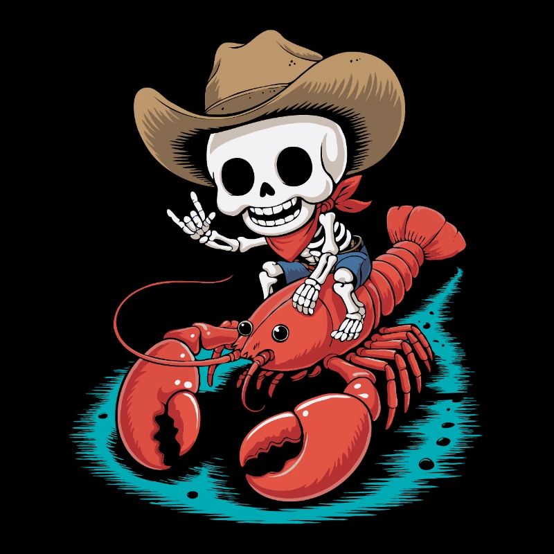 Skeleton cowboy rides lobster