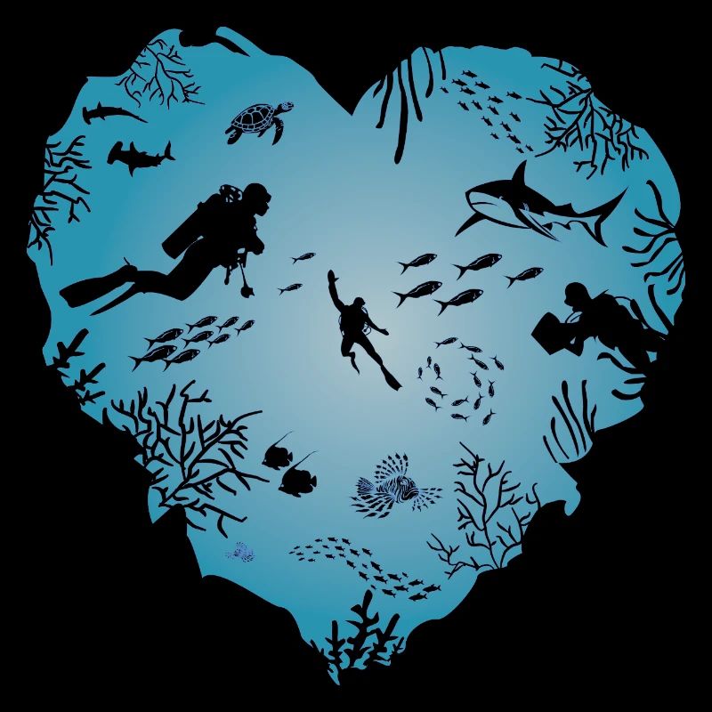 J’aime la plongée, le cœur, le plongeur, le requin