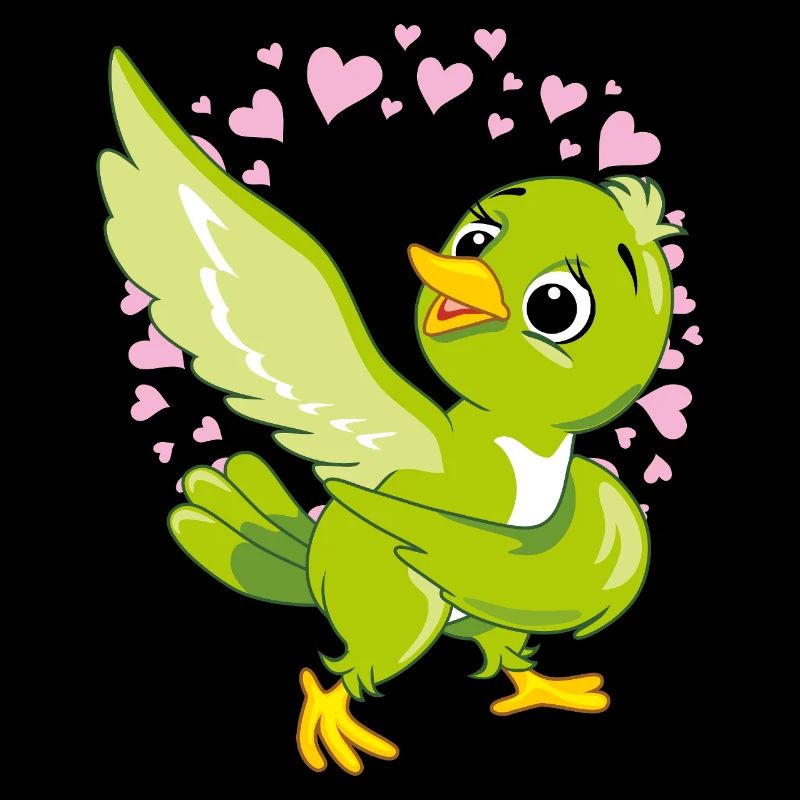 Mignon oiseau vert heureux dans un halo de coeurs