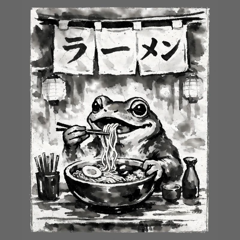 Ramen Noodles Frog Sumi-e Ink Drawing