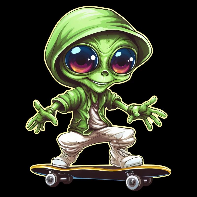 Alien on Skateboard - Green with Sizes