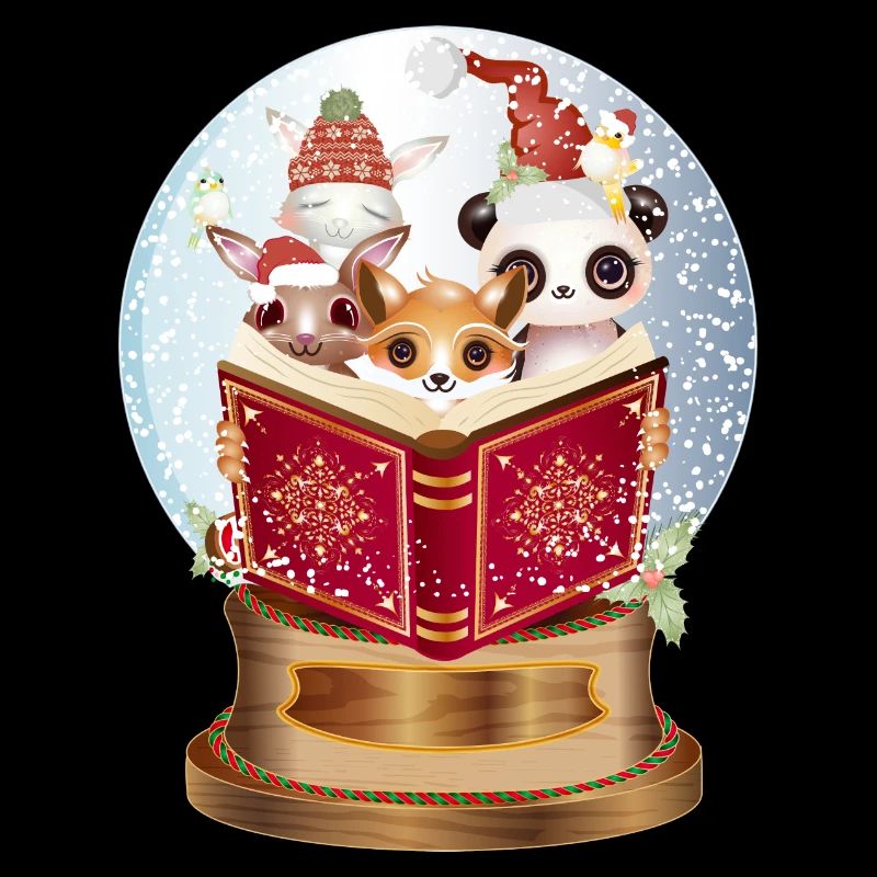 Animaux lisant dans une boule à neige à Noël