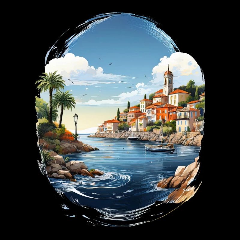 Sea view with coastal town and palm tree