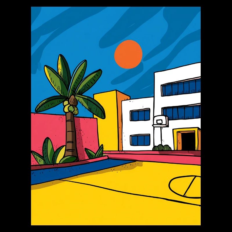Tropical city sketch in sunlight