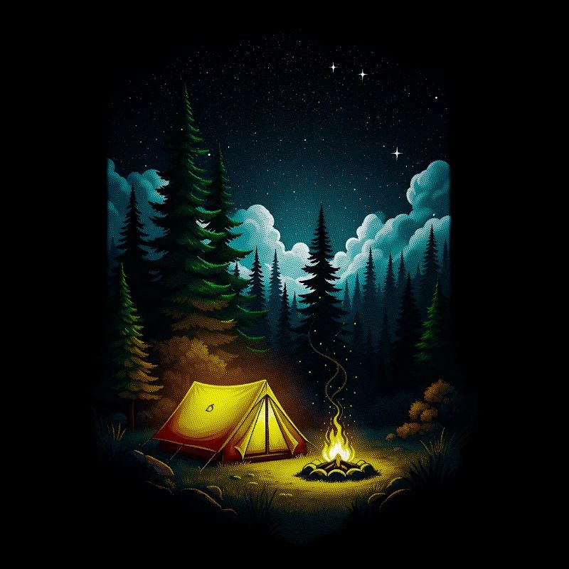 Nuit étoilée, feu de camp, scène de forêt