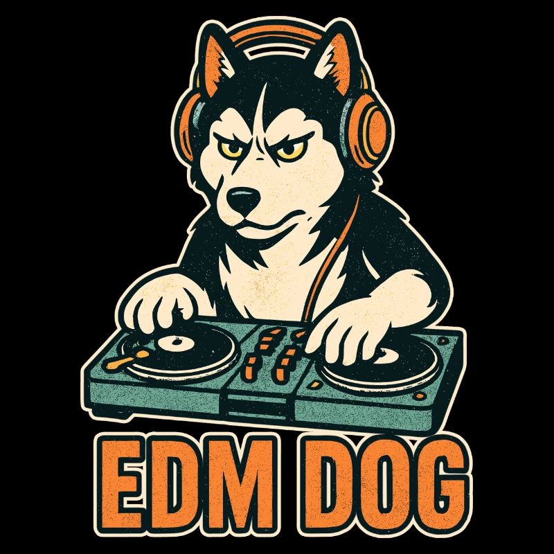 EDM Dog : DJ husky à la console de mixage dans un style rétro