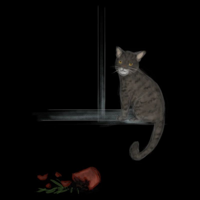 Moonlit tabby and fallen rose