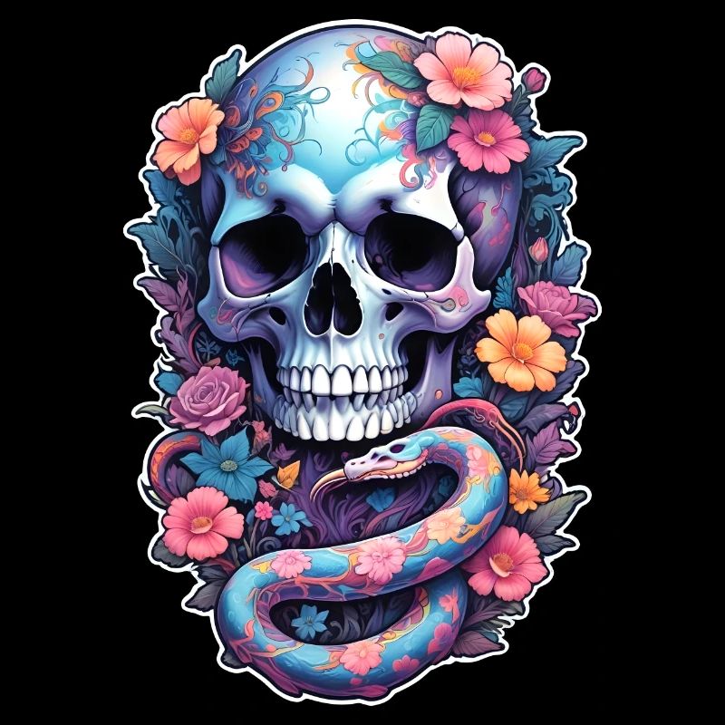 Totenschädel bunte Schlange, Blumen, Farbe