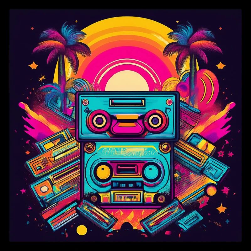 Retro Cassette Tapes Neon Sunset Art